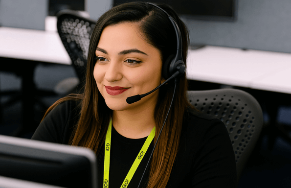 Customer support representative with a headset